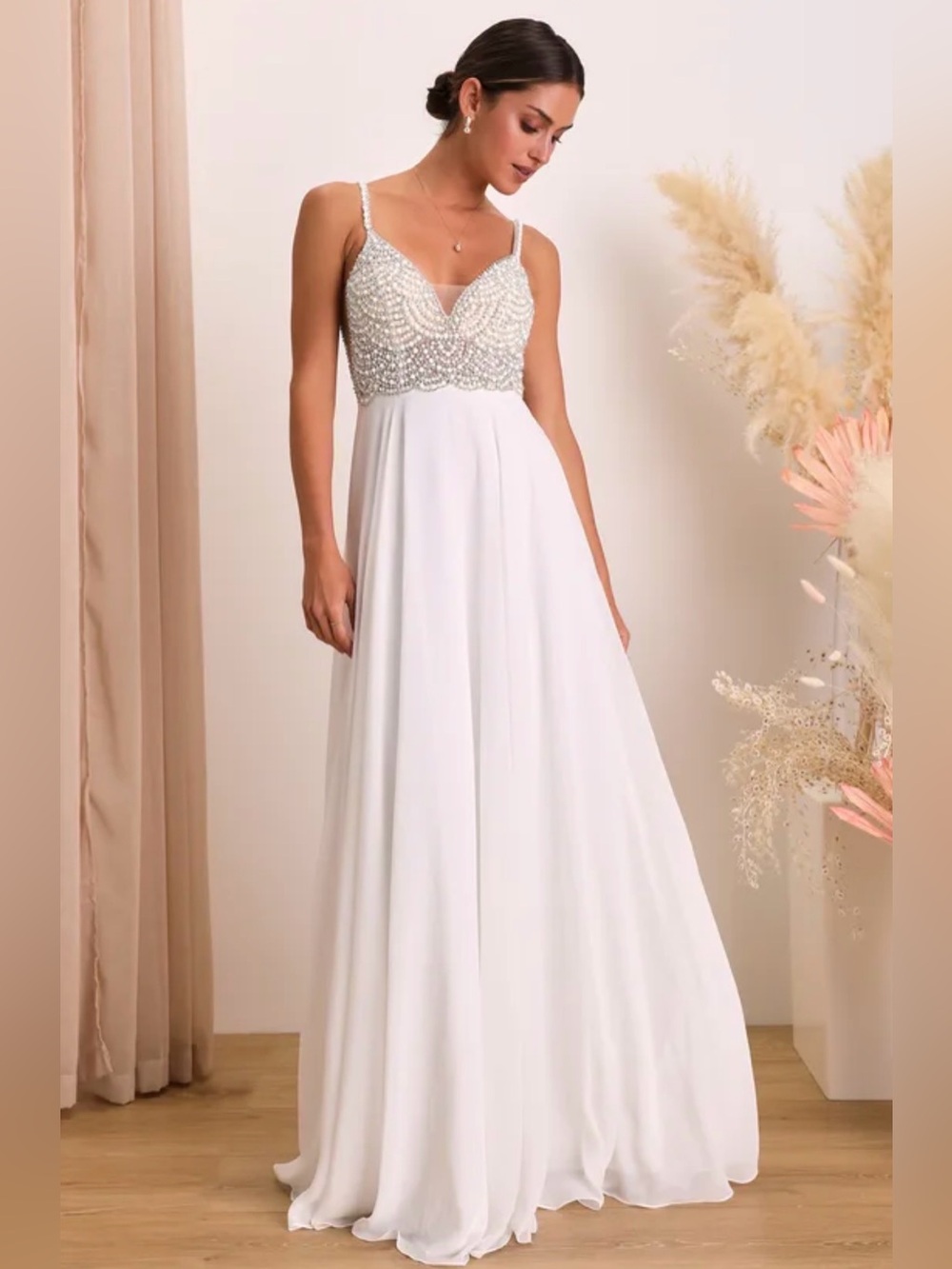 Lulus Luxe True Love White Beaded Rhinestone Maxi Dress Size 4 Women's Wedding